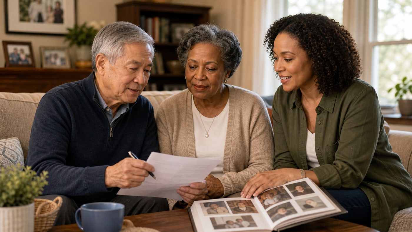 Mixed-race family reviewing beneficiary paperwork and a family photo album in a living room