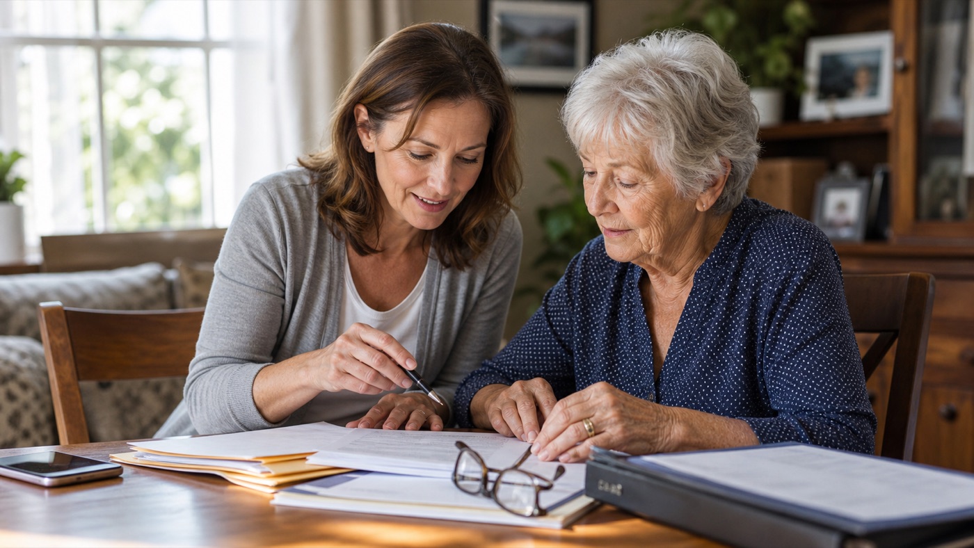 Adult daughter helping her senior mother organize important papers