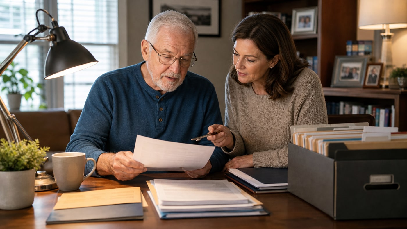 Senior man and adult daughter organizing important papers in a home office
