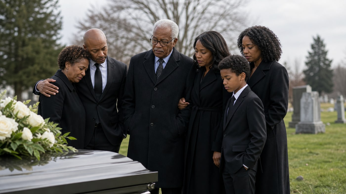 Black family gathered supportively at a graveside service with a closed casket and flowers