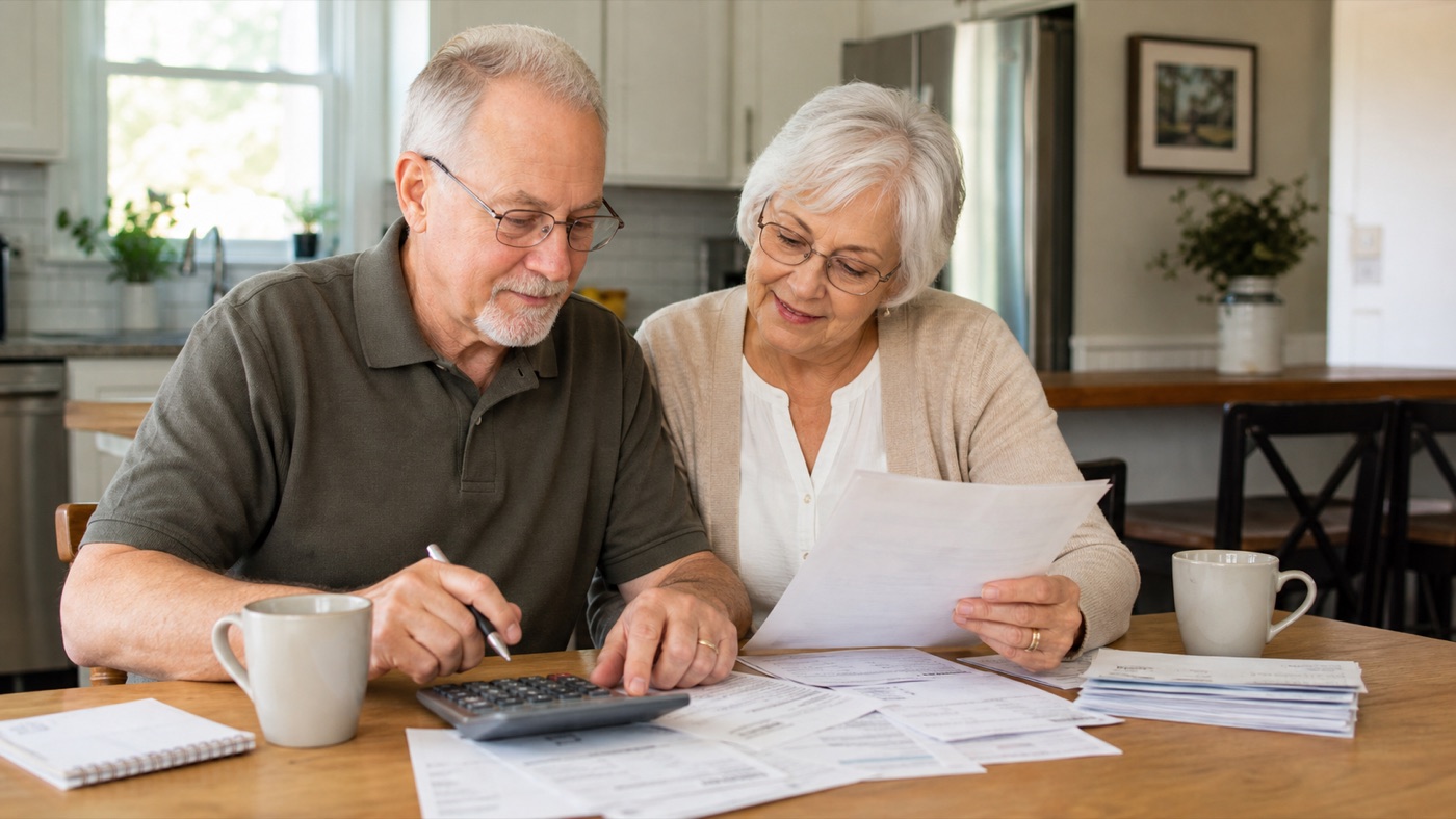 Senior couple reviewing household bills and a calculator at the kitchen table