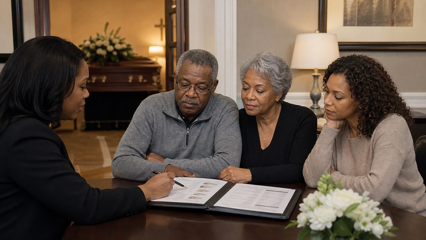 Black senior couple and adult daughter comparing funeral home price papers with a funeral director