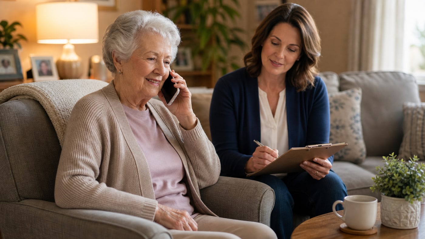 Senior woman on a phone consultation while her adult daughter reviews a simple checklist