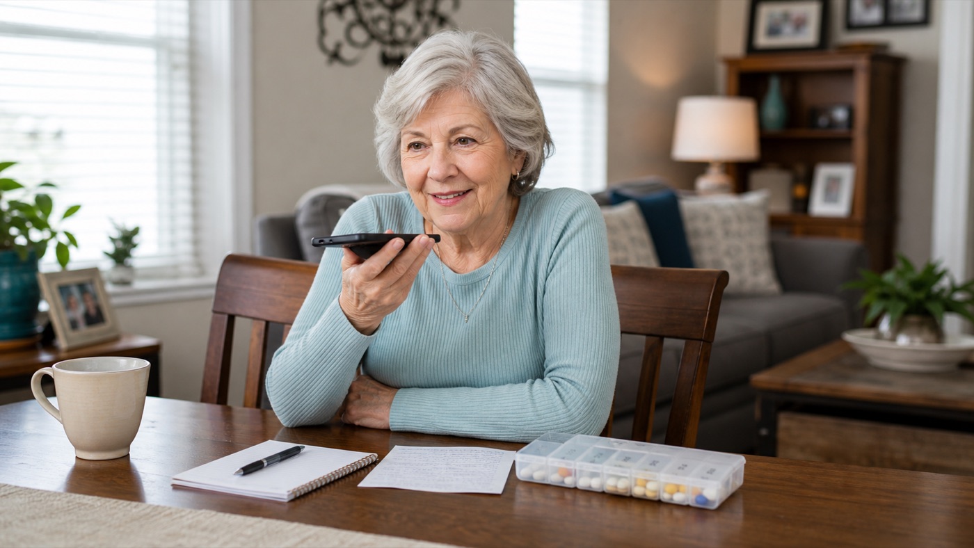 Senior woman discussing life insurance options by phone with medication notes nearby