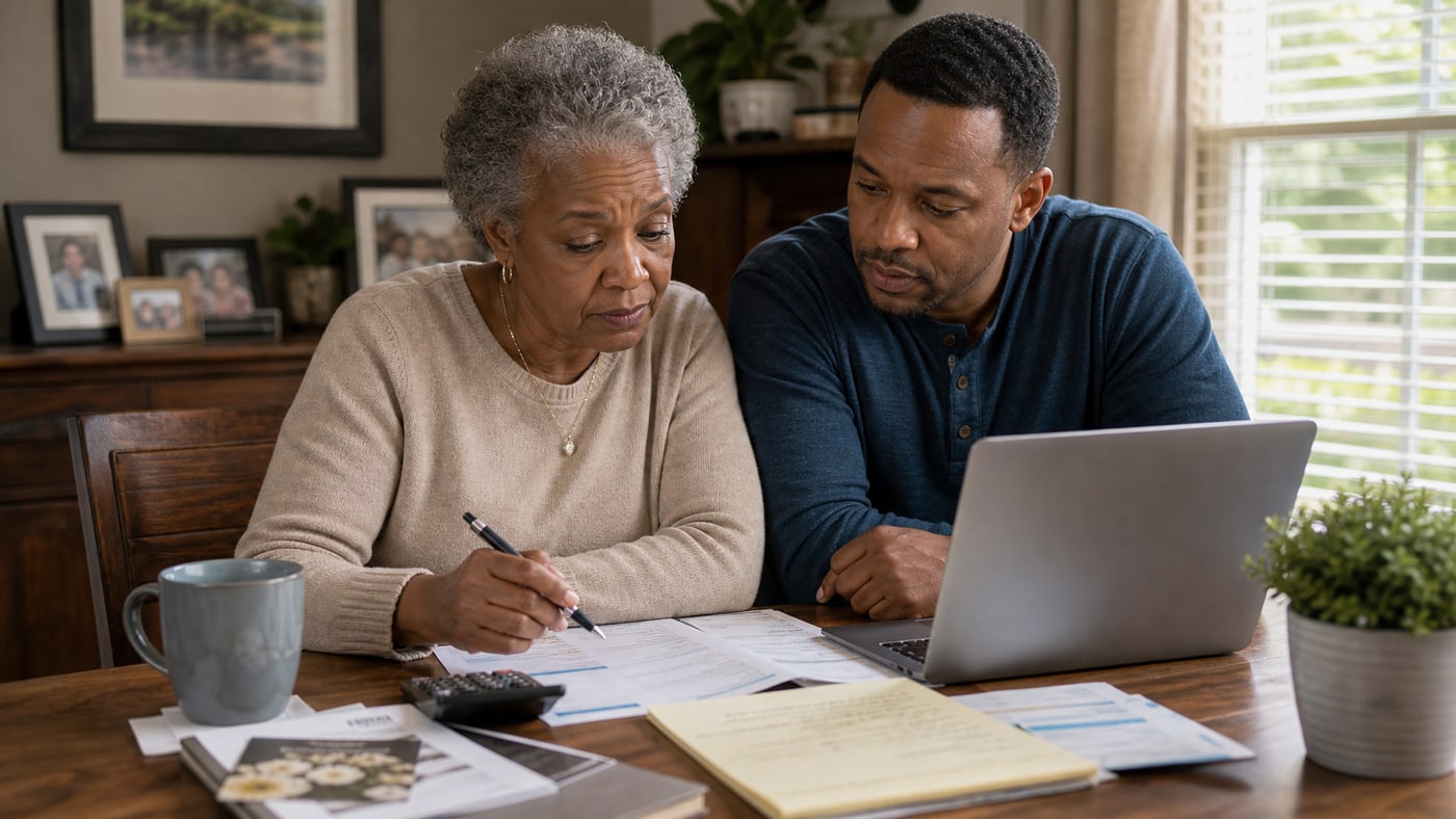 Black senior woman and adult son reviewing benefit paperwork and funeral cost notes