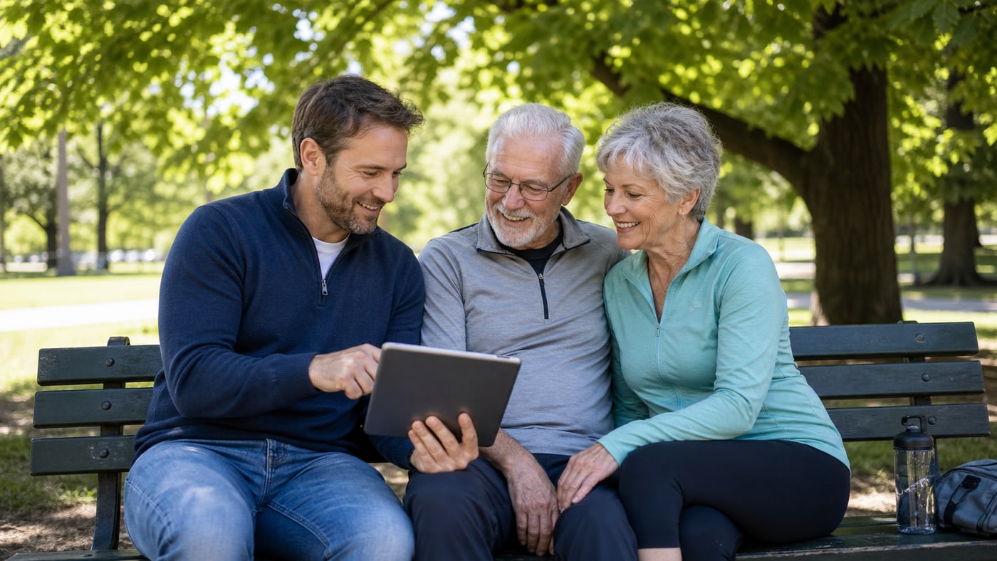 Active senior couple reviewing final expense quotes with an adult son on a park bench