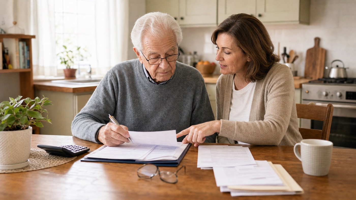 Senior man in his 80s reviewing final expense papers with an adult daughter at a kitchen table