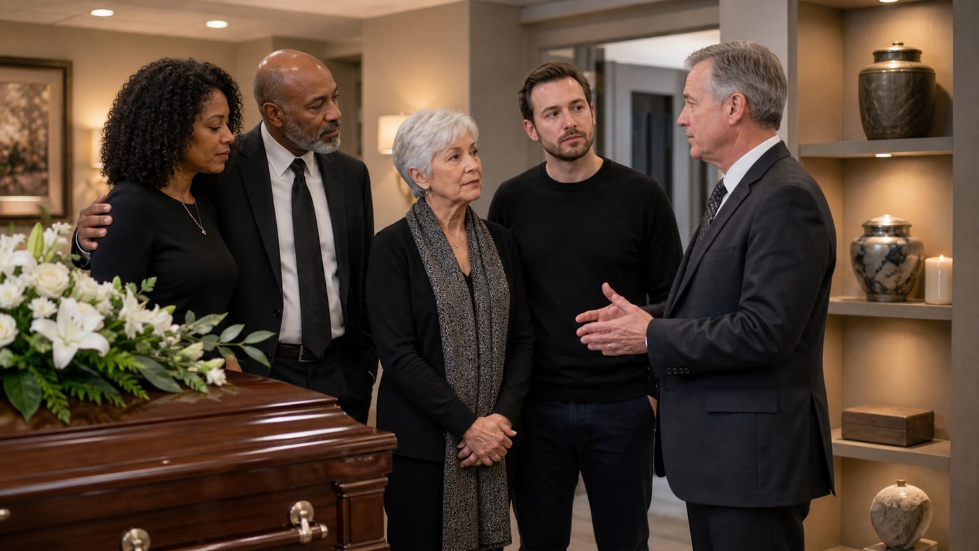 Diverse family speaking with a funeral director beside a closed casket in a funeral home chapel