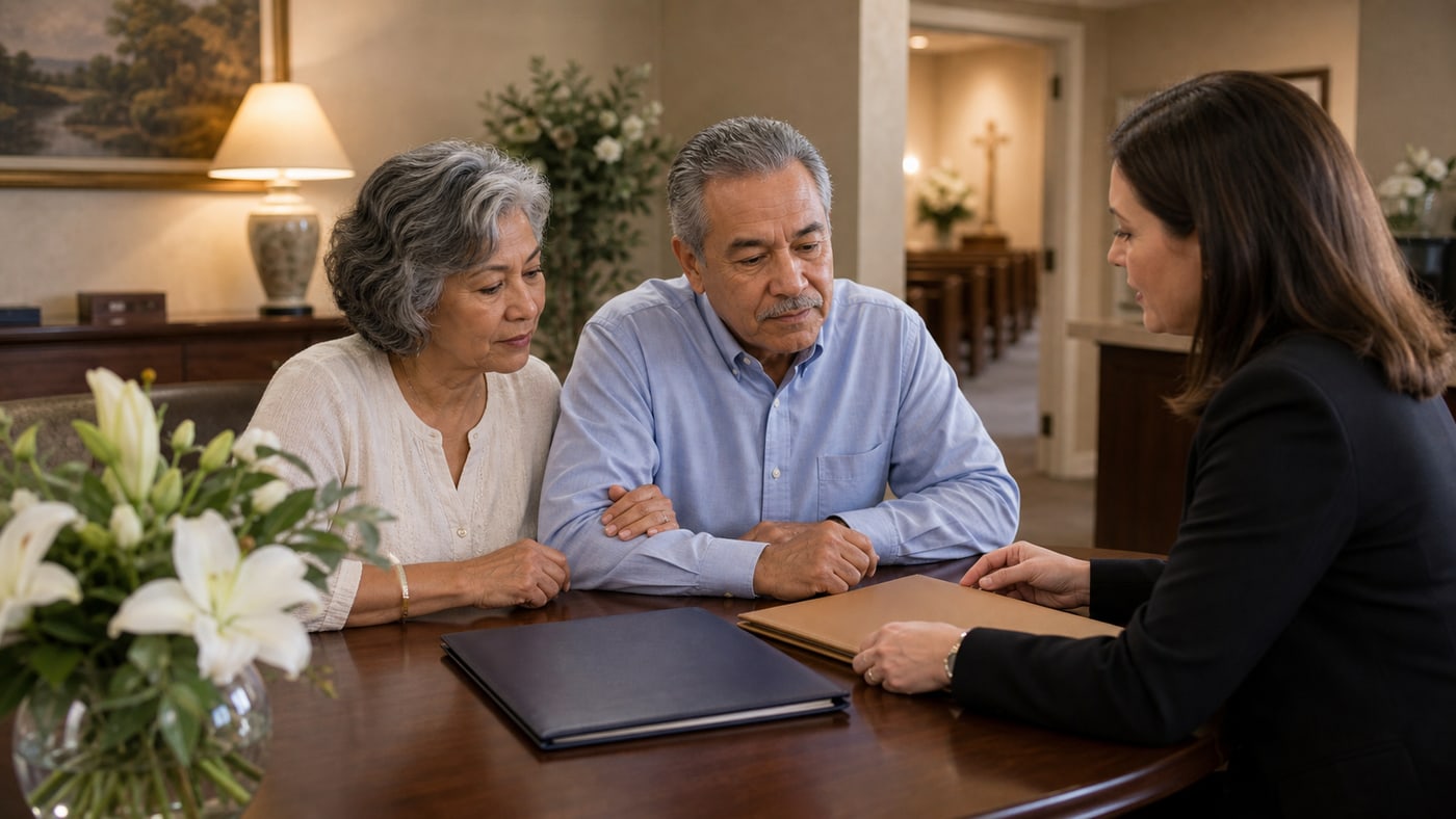 Mixed-race senior couple comparing prepaid funeral and final expense options with an advisor