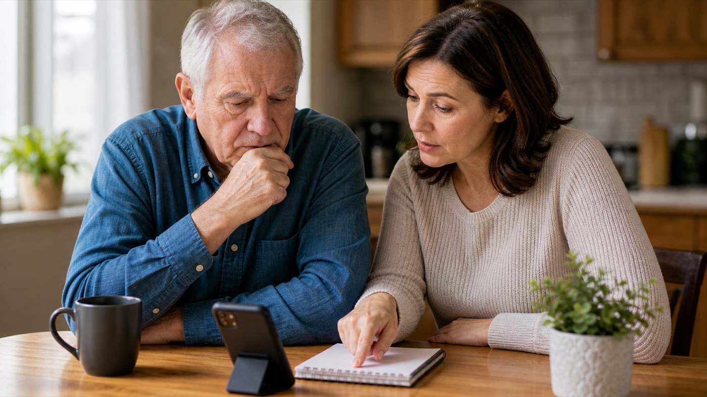 Senior man and adult daughter checking a phone call before sharing information