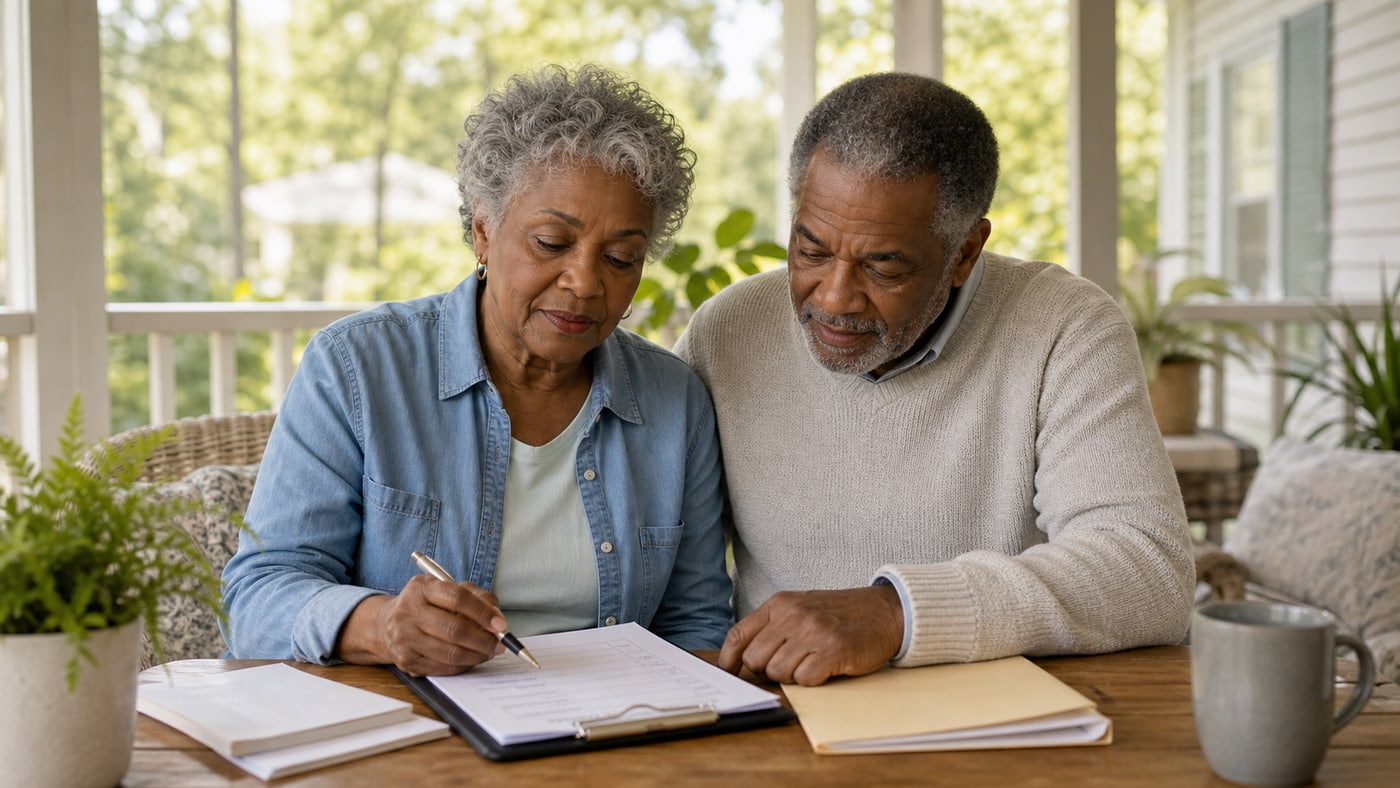 Black senior couple using a final expense planning checklist in a bright sunroom