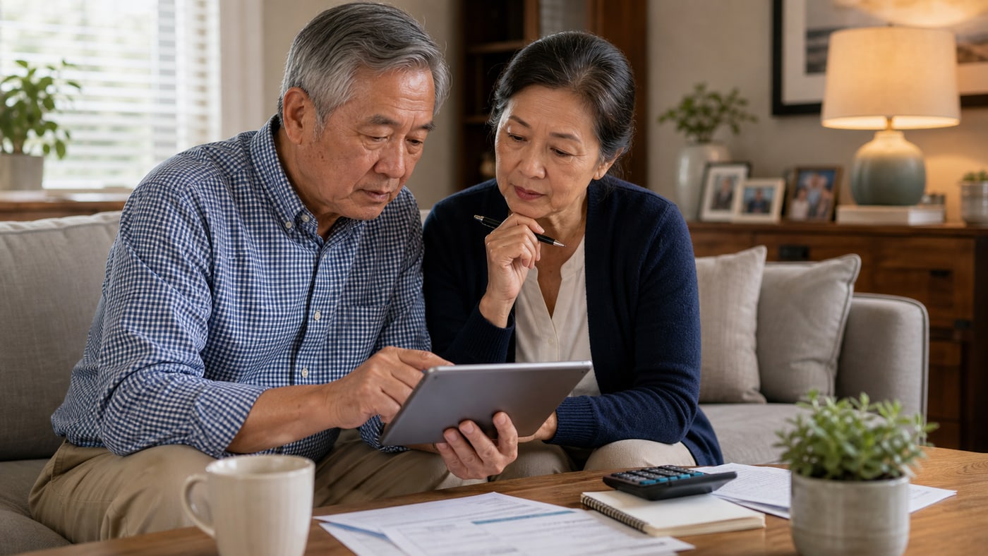 Asian American senior couple reviewing household budget notes and a tablet in their living room