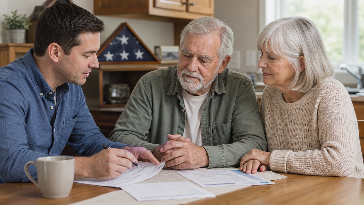 Veteran senior and spouse reviewing final expense paperwork with an adult son