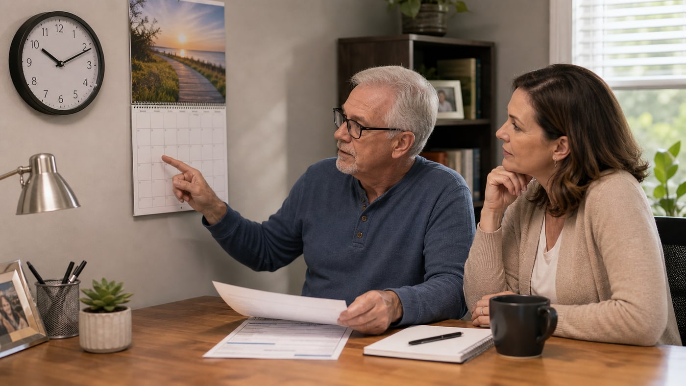 Senior man and adult daughter reviewing a policy page beside a wall calendar